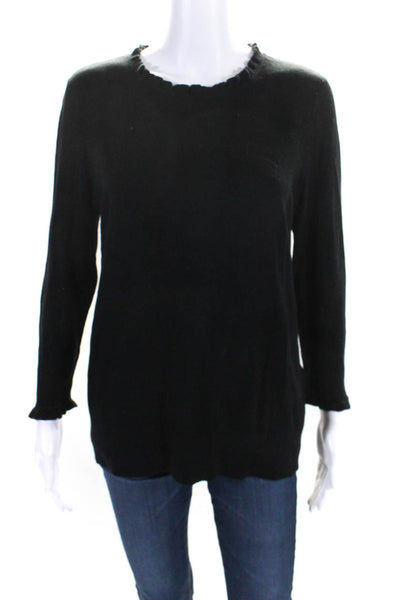 Kate Spade New York Womens 3/4 Sleeve Ruffled Knit Top Black Cotton Size Large