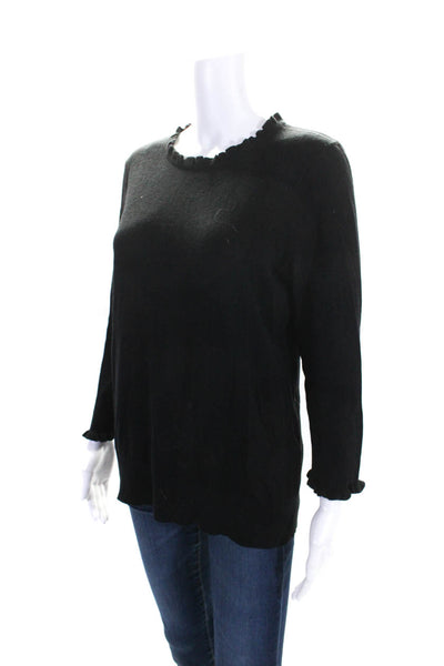 Kate Spade New York Womens 3/4 Sleeve Ruffled Knit Top Black Cotton Size Large