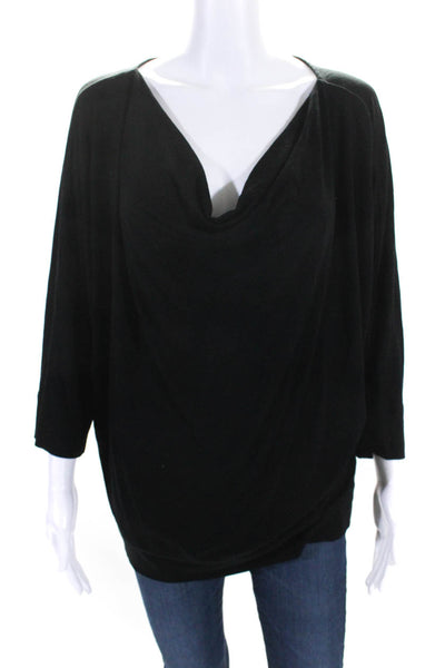 Eileen Fisher Womens 3/4 Sleeve Scoop Neck Draped Knit Shirt Black Size Large