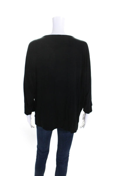 Eileen Fisher Womens 3/4 Sleeve Scoop Neck Draped Knit Shirt Black Size Large