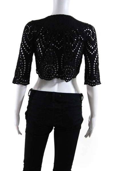 Zimmermann Womens Eyelet Long Sleeves V Neck Wrap Blouse Black Cotton Size 1