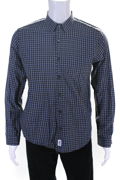 Theory Mens Cotton Plaid Print Collared Long Sleeve Button Down Top Blue Size M