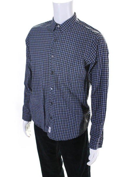 Theory Mens Cotton Plaid Print Collared Long Sleeve Button Down Top Blue Size M