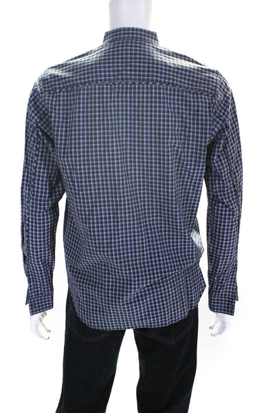 Theory Mens Cotton Plaid Print Collared Long Sleeve Button Down Top Blue Size M