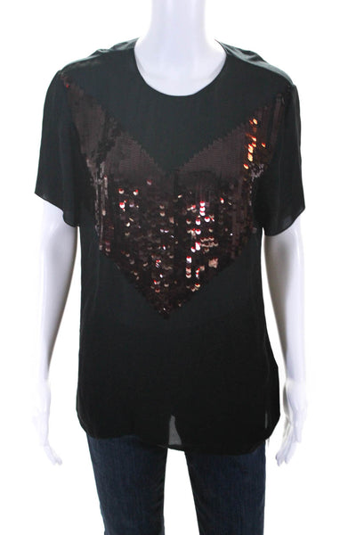 Jason Wu Womens Silk Sequined Heart Short Sleeves Tee Shirt Black Red Size Mediu