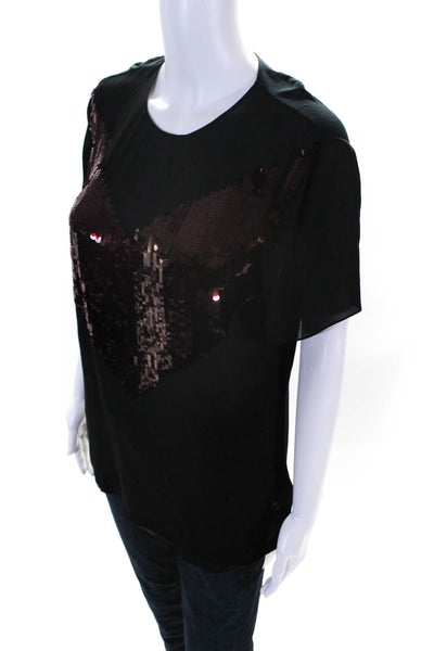 Jason Wu Womens Silk Sequined Heart Short Sleeves Tee Shirt Black Red Size Mediu