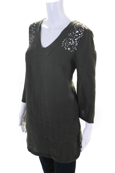 Domenico Vacca Womens Linen Beaded V Neck Long Sleeves Shirt Dress Gray Size 4