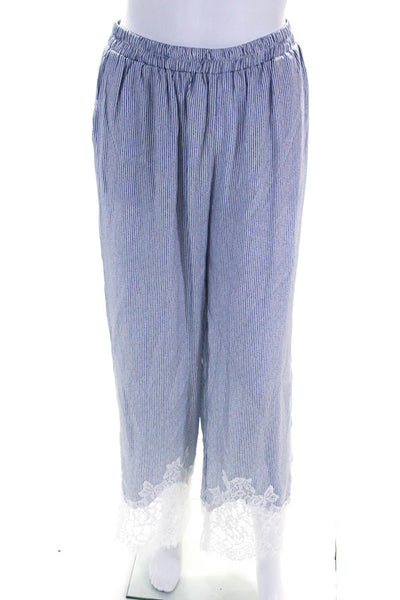 Gold Hawk Womens Blue Silk Striped Lace Trim High Rise Wide Leg Pants Size S