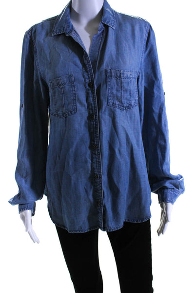 Bella Dahl Women's Collared Long Sleeves Button Down Chambray Shirt Blue Size M