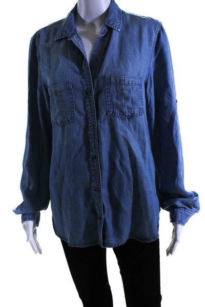 Bella Dahl Women's Collared Long Sleeves Button Down Chambray Shirt Blue Size M