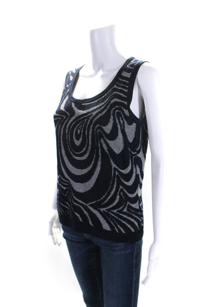 St. John Sport Womens Scoop Neck Wavy Knit Tank Top Navy Gray Wool Size Large