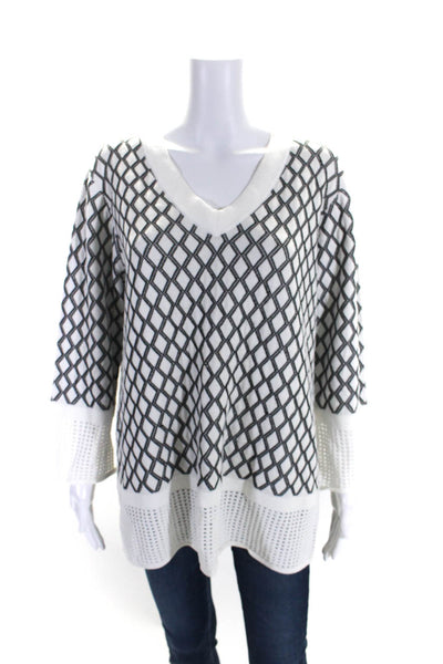 St. John Womens Open Knit Trim Argyle V Neck Top White Black Size Large