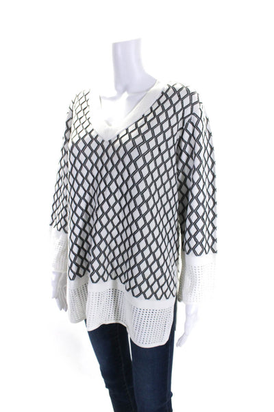 St. John Womens Open Knit Trim Argyle V Neck Top White Black Size Large