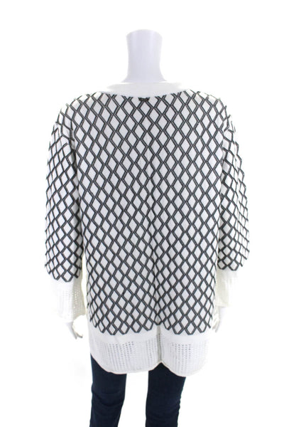 St. John Womens Open Knit Trim Argyle V Neck Top White Black Size Large