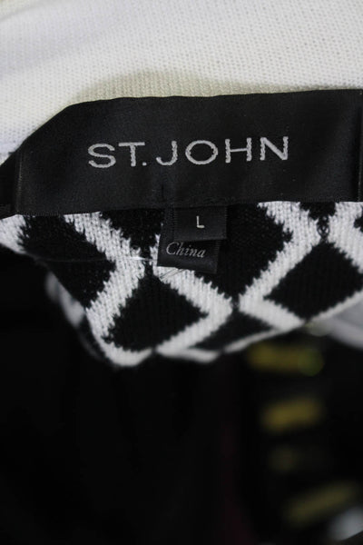 St. John Womens Open Knit Trim Argyle V Neck Top White Black Size Large