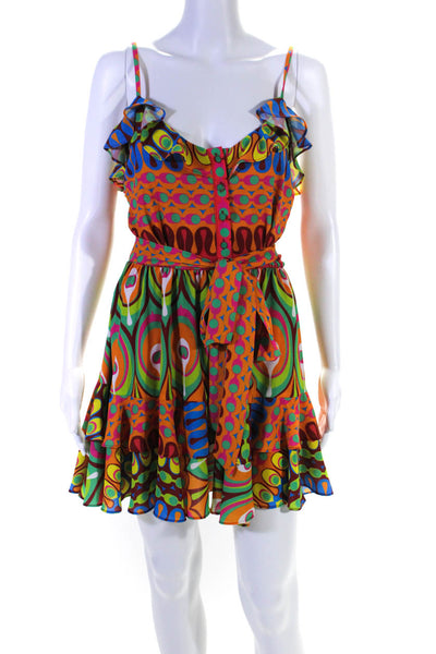 Alexis Womens Abstract Button Sleeveless Belted Ruffled Dress Multicolor Size S