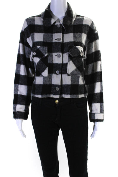 Zara Womens Check Print Buttoned-Up Collared Cropped Jacket Black Size S