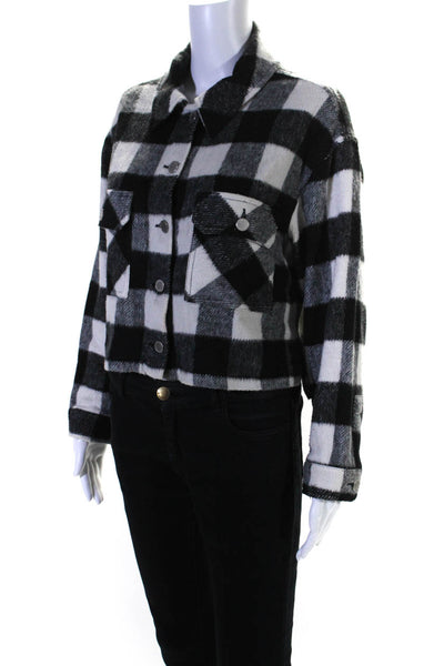 Zara Womens Check Print Buttoned-Up Collared Cropped Jacket Black Size S