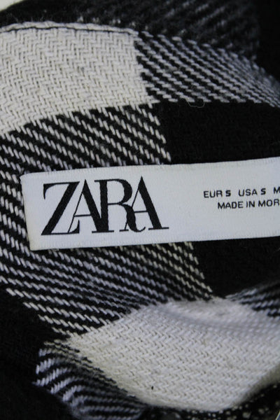 Zara Womens Check Print Buttoned-Up Collared Cropped Jacket Black Size S