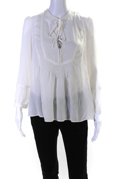 A.L.C. Womens Silk Pleated V-Neck Tied Long Sleeve Blouse Top White Size 2