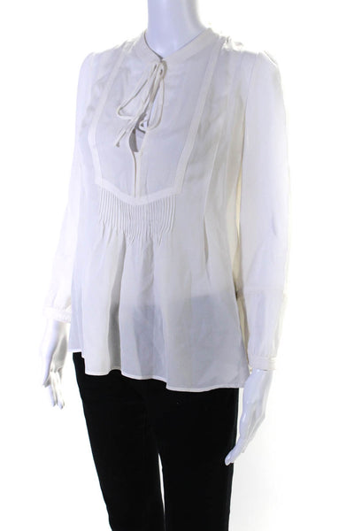 A.L.C. Womens Silk Pleated V-Neck Tied Long Sleeve Blouse Top White Size 2