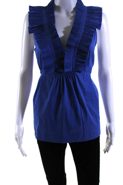 BCBG Max Azria Womens V-Neck Pleated Textured Tied Sleeveless Blouse Blue Size M