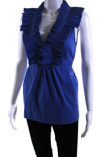 BCBG Max Azria Womens V-Neck Pleated Textured Tied Sleeveless Blouse Blue Size M