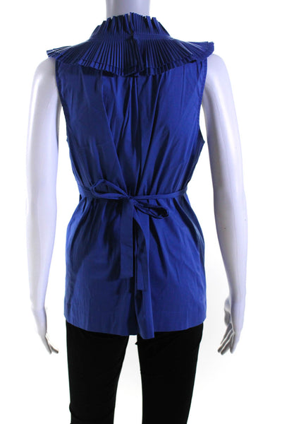 BCBG Max Azria Womens V-Neck Pleated Textured Tied Sleeveless Blouse Blue Size M