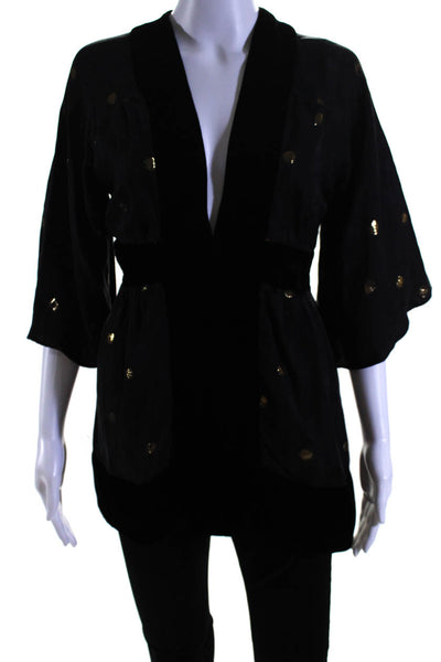 Olga Kapustina Womens Silk Polka Dot Patchwork V-Neck Blouse Black Size 6