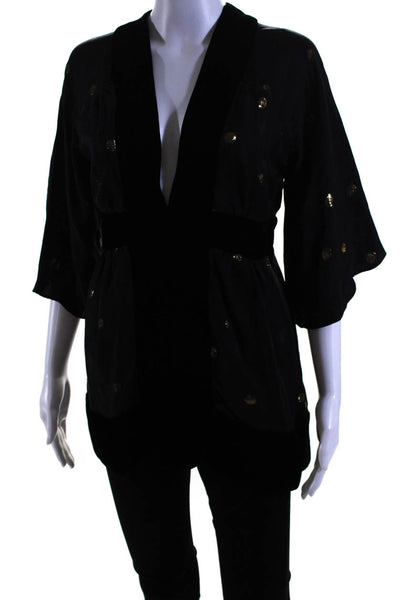 Olga Kapustina Womens Silk Polka Dot Patchwork V-Neck Blouse Black Size 6