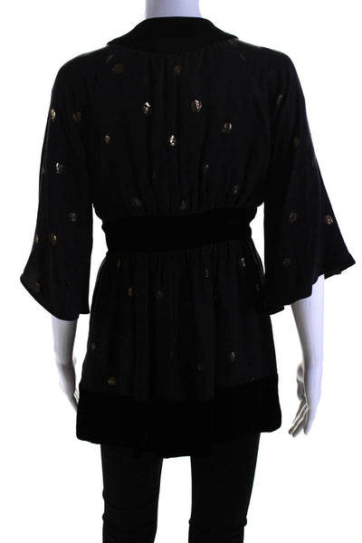 Olga Kapustina Womens Silk Polka Dot Patchwork V-Neck Blouse Black Size 6