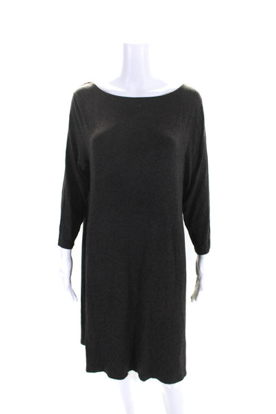 Eileen Fisher Womens 3/4 Sleeve Scoop Neck Knit Shirt Dress Brown Size Large