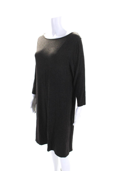 Eileen Fisher Womens 3/4 Sleeve Scoop Neck Knit Shirt Dress Brown Size Large