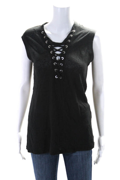 IRO Womens Linen Lace Up Sleeveless Neck Tank Top Black Size Extra Small