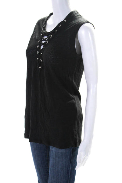 IRO Womens Linen Lace Up Sleeveless Neck Tank Top Black Size Extra Small