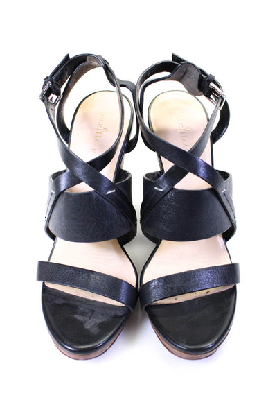 Cole Haan Womens Leather Open Toe Strappy Buckled Wedge Heels Black Size 8.5