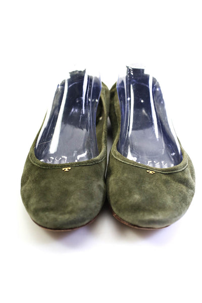 Tory Burch Womens Suede Textured Medallion Round Toe Slip-On Flats Green Size 11