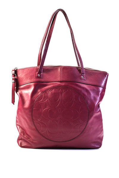 Coach Womens Leather Silver Tone Laura Signature Tote Shoulder Handbag Maroon Re