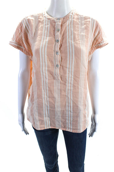 Faherty Womens Cotton Striped Print V-Neck Buttoned Top Orange Size M