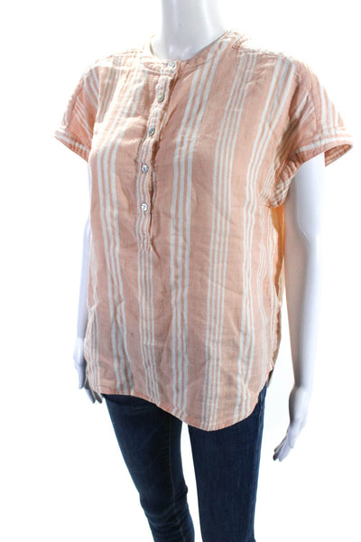 Faherty Womens Cotton Striped Print V-Neck Buttoned Top Orange Size M