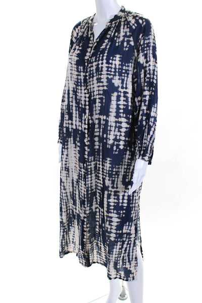 Cabane Saint Barth Women Tie Dye 3/4 Sleeve Midi Shirt Dress Navy Beige One Size