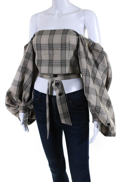 Rokh Womens Long Puff Sleeve Plaid Square Neck Crop Top Blouse Brown Size IT 40