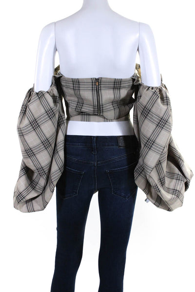 Rokh Womens Long Puff Sleeve Plaid Square Neck Crop Top Blouse Brown Size IT 40