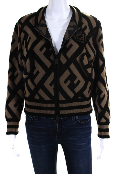 Fendi Womens Zucca Knit Windbreaker Reversible Bomber Jacket Black Brown Size 0