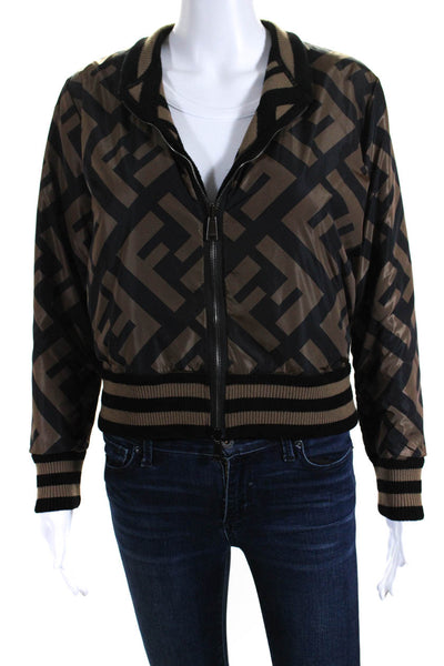 Fendi Womens Zucca Knit Windbreaker Reversible Bomber Jacket Black Brown Size 0