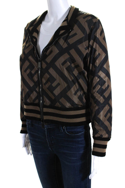 Fendi Womens Zucca Knit Windbreaker Reversible Bomber Jacket Black Brown Size 0