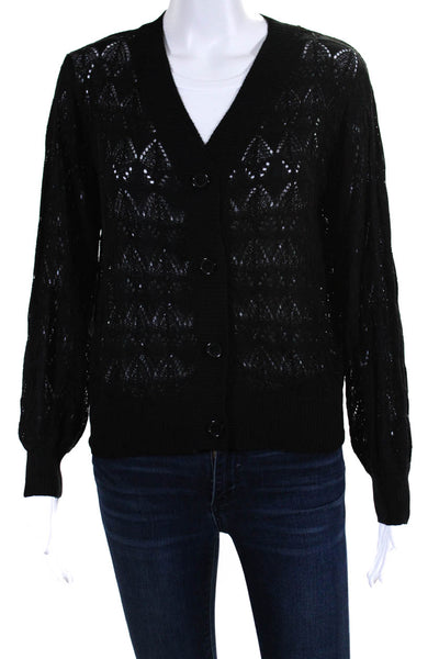 Designer Womens Pointelle Knit V Neck Button Up Cardigan Sweater Black Small