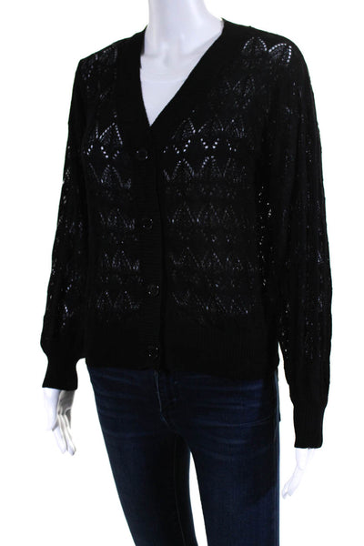 Designer Womens Pointelle Knit V Neck Button Up Cardigan Sweater Black Small