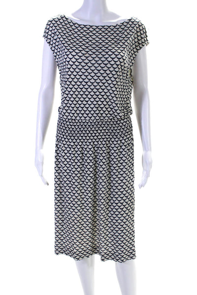 Tory Burch Womens Boat Neck Scallop Print Smocked Blouson Dress White Size M