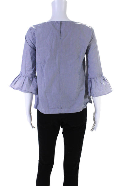 Madewell Womens Cotton 3/4 Sleeve Ruffle Trim Striped Blouse Blue Size XS